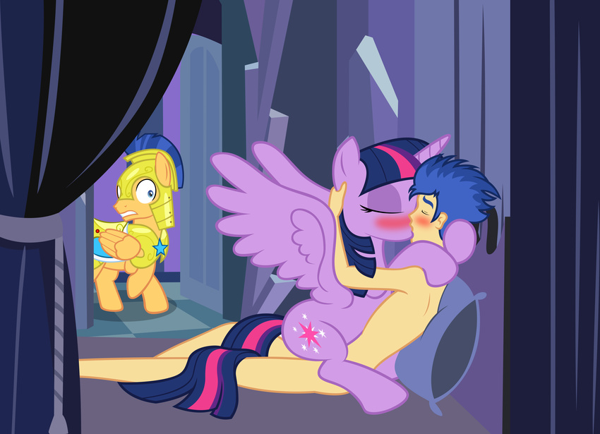 2014 absurd_res armor badumsquish bed blue_eyes blue_hair blush cutie_mark equestria_girls equine female flash_sentry_(eg) flash_sentry_(mlp) friendship_is_magic galea hair helmet hi_res horn hug human kissing lying male male/female mammal my_little_pony nude sex surprise twilight_sparkle_(mlp) two_tone_hair wing_boner winged_unicorn wings