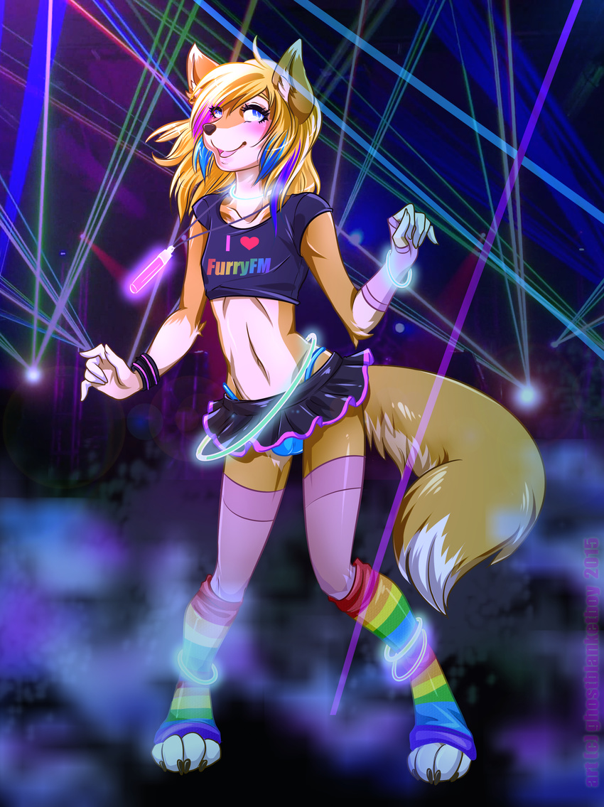 2015 anthro black_nose blonde_hair blush bulge canine clothed clothing crossdressing dancing furocity furryfm ghostblanketboy girly glowing glowstick hair jessica_wolf legwear long_hair looking_at_viewer male mammal navel panties rave smile solo stockings underwear wolf