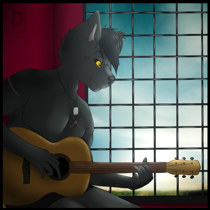 2015 anthro black_nose canine clothing darkwolf darkwolfdemon dog_tags emotions fur guitar hair male mammal musical_instrument pozi scar speedpaint wolf