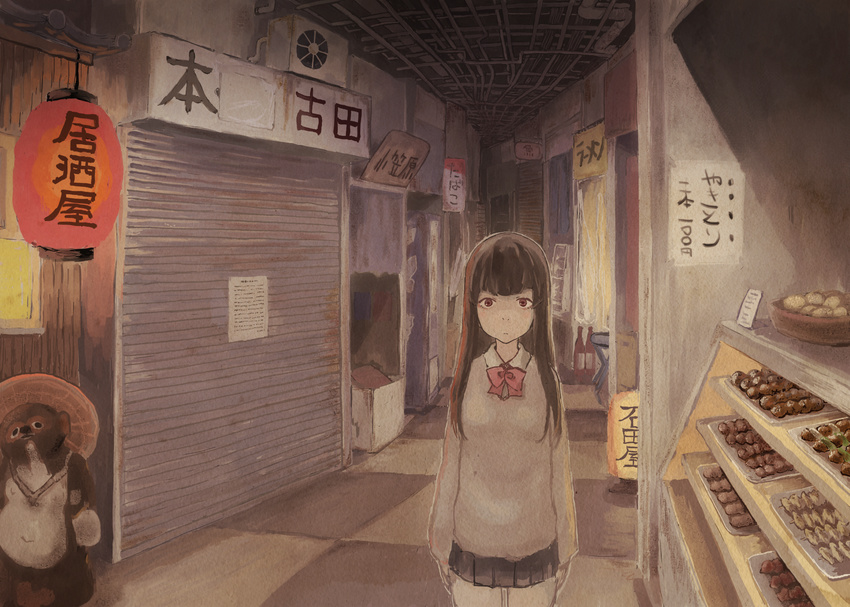 :/ arms_at_sides bangs black_hair black_skirt blank_stare bookstore bottle bow brown_eyes checkered checkered_floor display door food highres indoors lantern long_hair long_sleeves looking_at_viewer miniskirt mirino muted_color original overhead_door paper_lantern pipes restaurant sake_bottle scenery school_uniform shop sign skirt solo storefront sweater tanuki translated yakitori