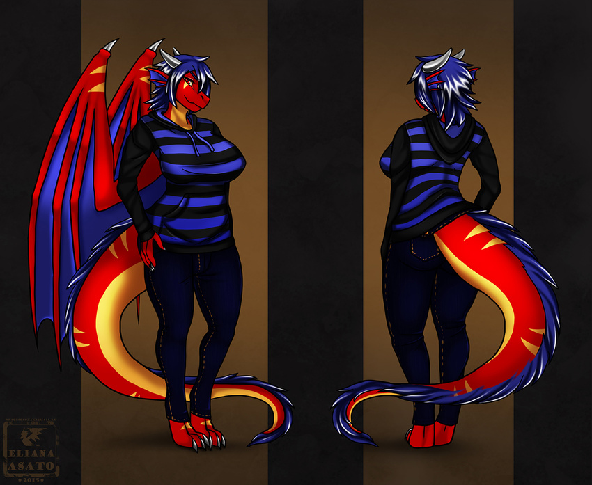 2015 anthro back blue_hair dragon eliana-asato faviana front hair herm intersex model_sheet red_eyes red_skin solo standing wings