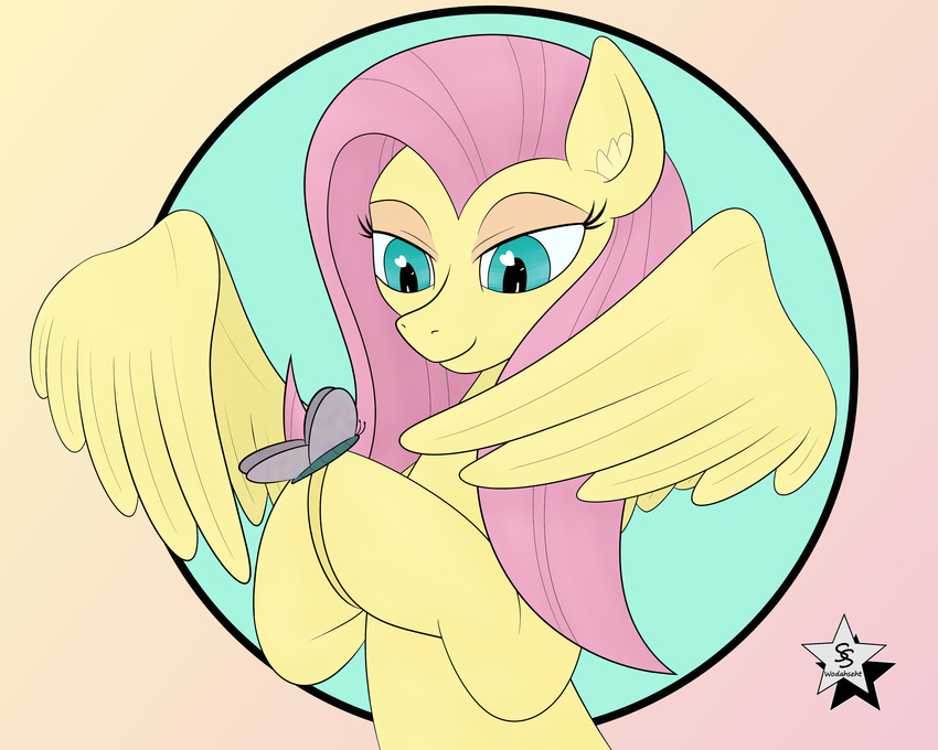 2015 absurd_res arthropod butterfly equine female fluttershy_(mlp) friendship_is_magic fur hair hi_res insect long_hair mammal my_little_pony pegasus pink_hair smile solo teal_eyes wings wodahseht yellow_fur