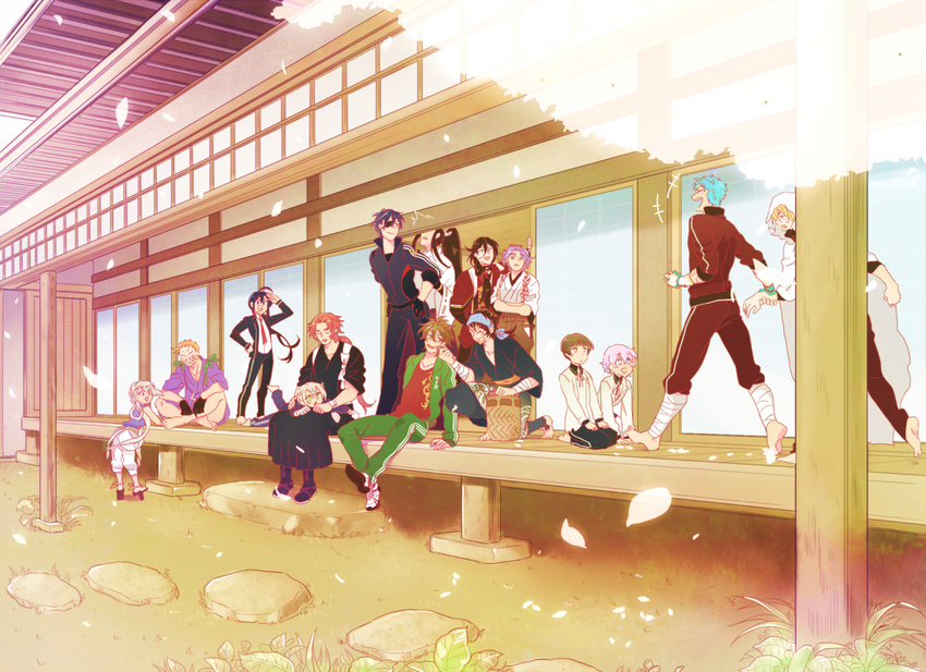 akita_toushirou architecture black_hair blonde_hair blue_eyes blue_hair brown_eyes brown_hair east_asian_architecture eyepatch green_eyes hirano_toushirou hotarumaru ima-no-tsurugi iwatooshi izumi-no-kami_kanesada japanese_clothes male_focus multiple_boys mutsu-no-kami_yoshiyuki namazuo_toushirou open_mouth otegine petals pink_hair ponytail red_hair shokudaikiri_mitsutada silver_hair smile souza_samonji tarou_tachi tonbokiri_(touken_ranbu) tonoko_(cinq5) touken_ranbu yamabushi_kunihiro yamanbagiri_kunihiro