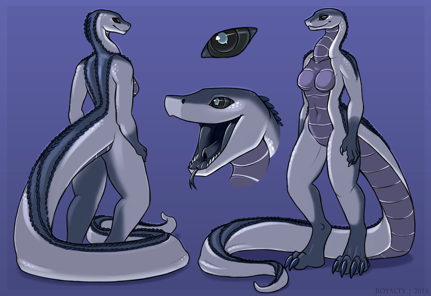 2015 anthro back black_scales breasts dragon female front grey_eyes grey_scales grey_skin hybrid model_sheet nude open_mouth reptile royalty_(artist) scalie smile snake solo teeth tongue tongue_out white_skin