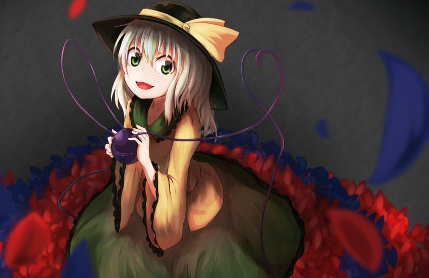 baram eyeball from_above green_eyes green_hair grey_background hat hat_ribbon heart heart_of_string highres holding komeiji_koishi long_sleeves looking_at_viewer looking_up open_mouth petals ribbon skirt smile solo third_eye touhou upper_body wide_sleeves