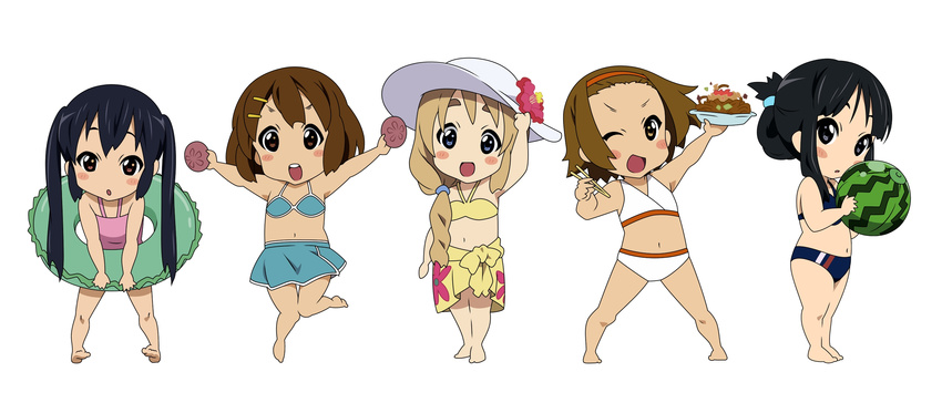 akiyama_mio artist_request barefoot bikini bikini_skirt casual_one-piece_swimsuit chibi highres hirasawa_yui k-on! kotobuki_tsumugi multiple_girls nakano_azusa one-piece_swimsuit one_eye_closed swimsuit tainaka_ritsu