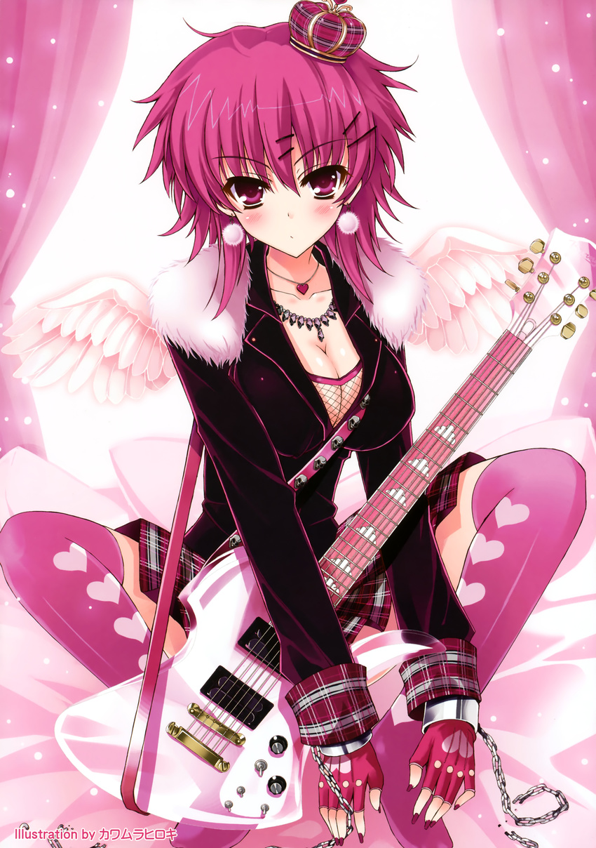 absurdres angel_wings blush breasts chain cleavage copyright_request earrings fingerless_gloves fishnets gloves heart highres instrument jewelry kawamura_hiroki kneehighs large_breasts pink_eyes pink_hair pink_legwear plaid plaid_skirt short_hair skirt solo thighhighs wings