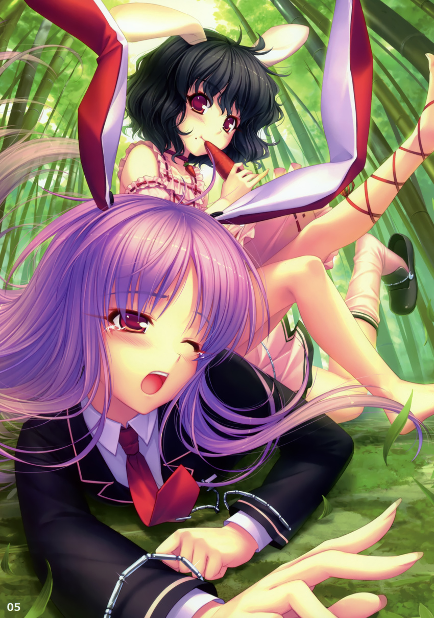 absurdres animal_ears ankle_lace-up bamboo bamboo_forest barefoot black_hair bunny_ears carrot cross-laced_footwear forest highres inaba_tewi legs long_hair mole mole_under_mouth multiple_girls nature necktie open_mouth purple_hair red_eyes red_neckwear reisen_udongein_inaba sayori shoe_dangle short_hair touhou wavy_hair