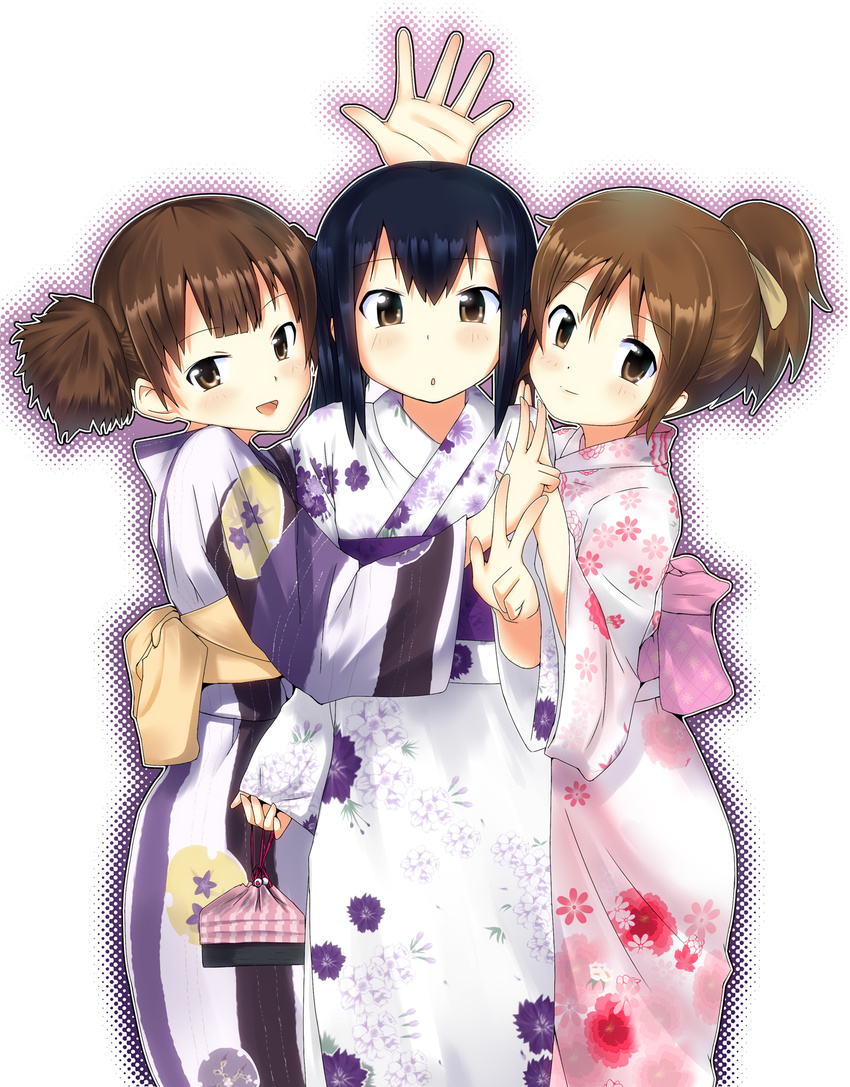 bad_id bad_pixiv_id bag black_hair brown_eyes brown_hair floral_print girl_sandwich hands highres hirasawa_ui japanese_clothes k-on! kimono kinchaku long_hair masamuuu multiple_girls nakano_azusa ponytail pouch sandwiched short_hair short_twintails suzuki_jun twintails v yukata