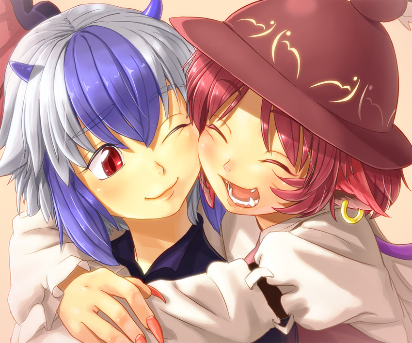 :3 :d ^_^ animal_ears bad_id bad_pixiv_id blue_eyes cheek-to-cheek cheek_squash close-up closed_eyes earrings eyebrows face fangs fingernails friends happy hat head_wings horns hug jewelry long_fingernails multicolored_hair multiple_girls mystia_lorelei nail_polish one_eye_closed open_mouth pink_hair pink_nails red_eyes shiba_itsuki silver_hair single_head_wing single_wing smile tokiko_(touhou) touhou two-tone_hair wings