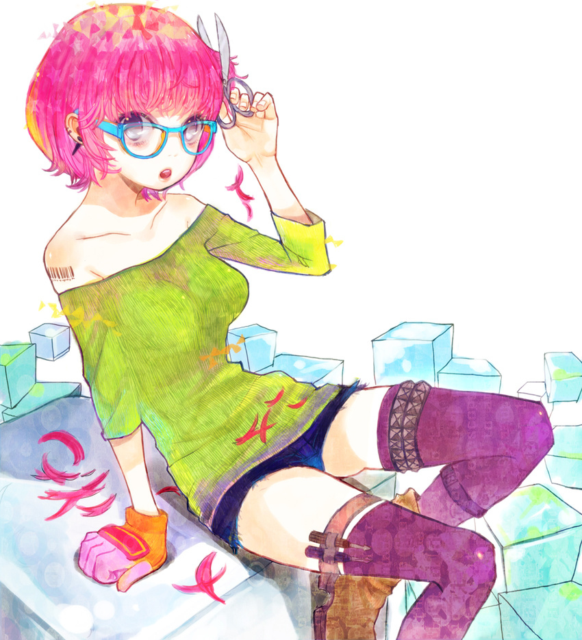 :o arm_support barcode barcode_tattoo bare_shoulders boots cube cutting_hair ear_piercing glasses gloves green_shirt highres original piercing pink_hair purple_eyes purple_legwear scissors screwdriver severed_hair shirt short_hair short_shorts shorts single_glove sitting solo soono_(rlagpfl) star sweater tattoo thighhighs