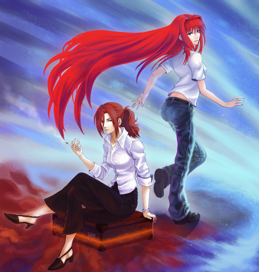 aozaki_aoko aozaki_touko artist_request blue_eyes cigarette crossed_legs crossover denim hair_intakes highres jeans kara_no_kyoukai long_hair melty_blood multiple_girls pants red_hair shirt siblings sisters sitting sleeves_pushed_up smoking source_request suitcase t-shirt tsukihime very_long_hair
