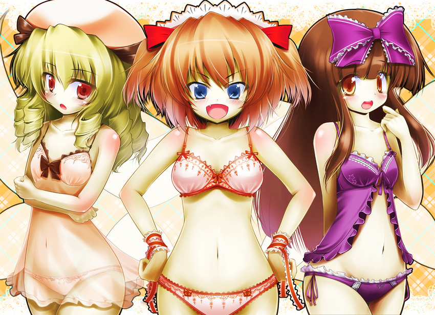 :d :o arm_behind_back babydoll bare_shoulders blonde_hair blue_eyes blush bow bow_panties bra brown_eyes brown_hair chemise collarbone crossed_arms drill_hair fang hair_bow hair_ribbon hands_on_hips hat lingerie long_hair luna_child mocchi multiple_girls navel open_mouth panties red_eyes ribbon see-through short_hair smile star_sapphire sunny_milk touhou twintails underwear underwear_only wings