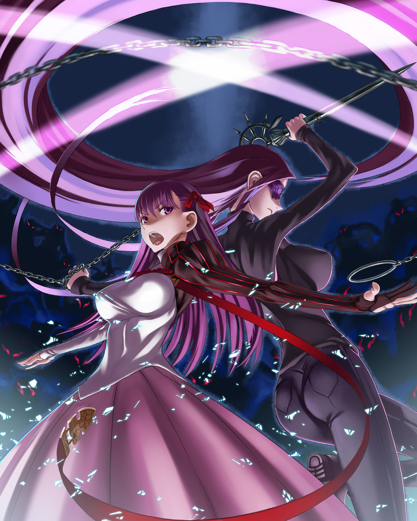 back-to-back breasts chain fate/hollow_ataraxia fate/stay_night fate_(series) highres honjou_raita large_breasts long_hair long_sleeves matou_sakura multiple_girls open_mouth rider skirt