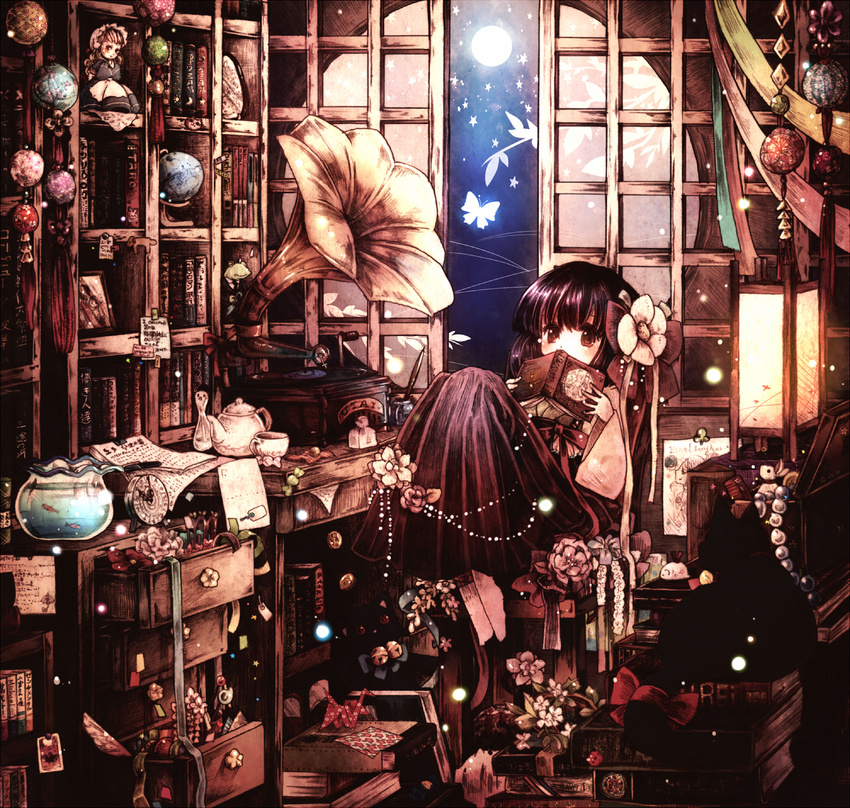 album_cover bangs bell book bookshelf bug butterfly cat clock cover covering_mouth cup desk dog doll drawer fish fishbowl flower frog full_moon globe glowing goldfish hair_flower hair_ornament hanada_hyou hieda_no_akyuu highres insect japanese_clothes jewelry jingle_bell lantern moon necklace night origami paper_crane phonograph purple_hair red_eyes room round_window short_hair sitting socks solo teacup teapot touhou white_legwear window