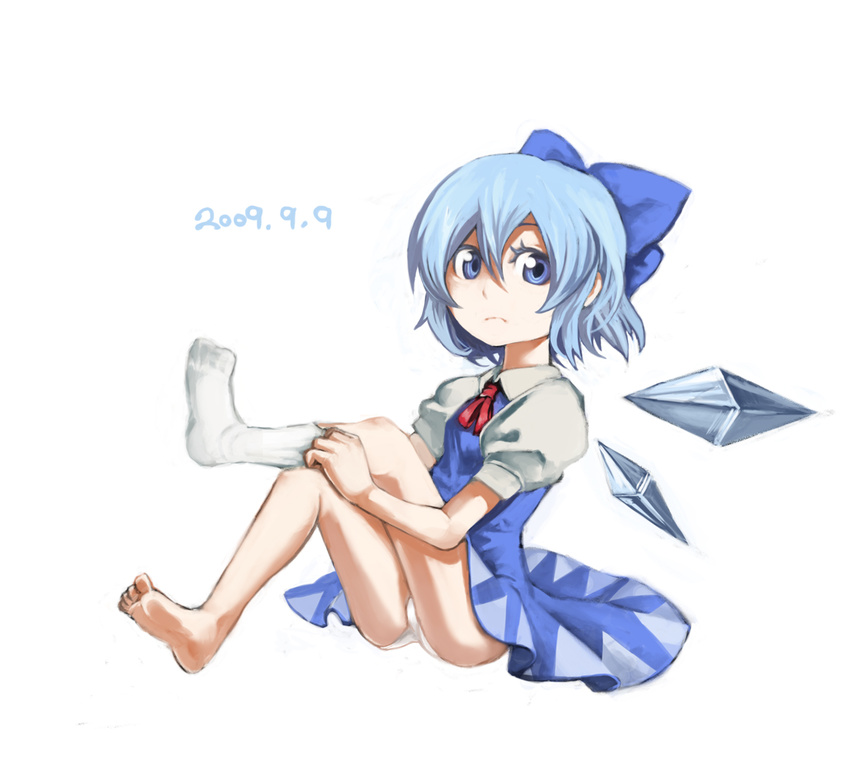 1girl barefoot blue_eyes blue_hair bow cirno feet moge_(mogegege) panties short_hair single_sock socks solo touhou underwear wings