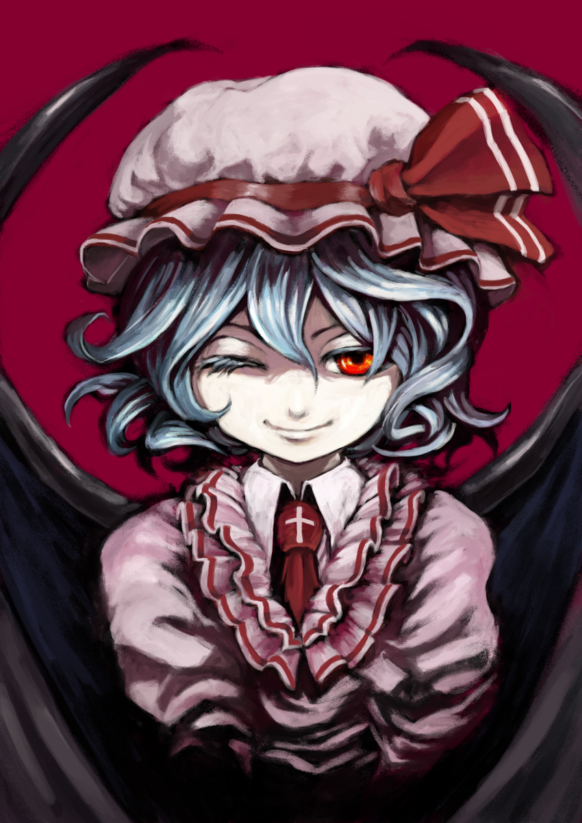 bat_wings hat highres moge_(mogegege) one_eye_closed orange_eyes remilia_scarlet short_hair silver_hair solo touhou wings