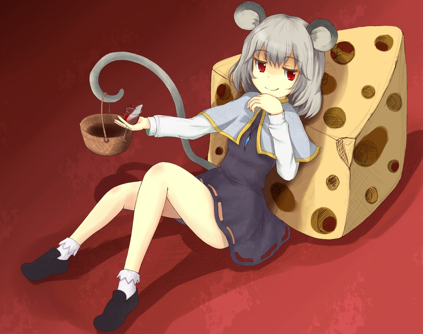 animal_ears basket cheese cupping_glass food grey_hair highres jewelry mouse mouse_ears mouse_tail nazrin pendant red_eyes shiro_tsugumi short_hair solo tail touhou