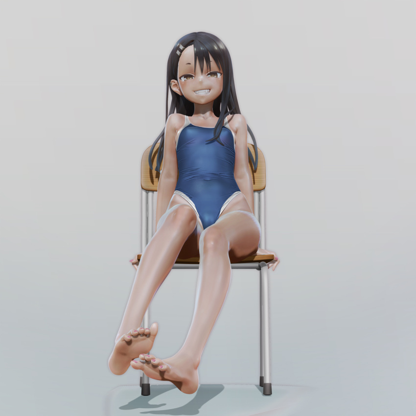 1girl bare_shoulders barefoot black_hair breasts brown_eyes chair covered_navel dark_skin grin hair_ornament hairclip highres ijiranaide_nagatoro-san leslyzerosix long_hair looking_at_viewer nagatoro nail_polish one-piece_swimsuit pink_nails school_swimsuit sitting small_breasts smile solo swimsuit