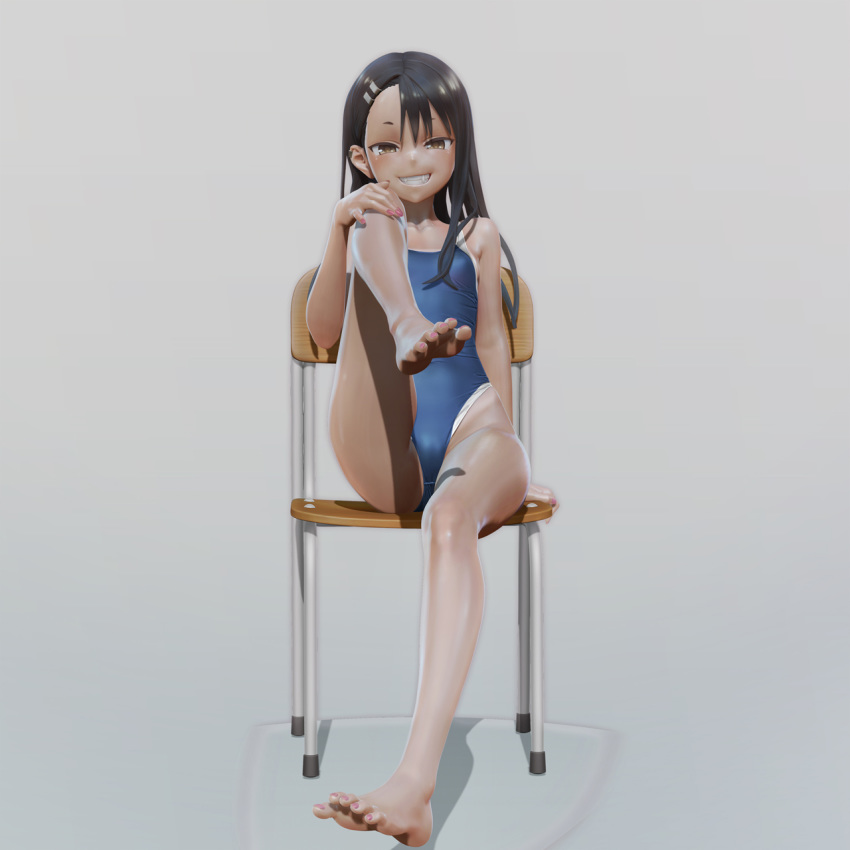 1girl 3d bare_shoulders barefoot black_hair breasts brown_eyes chair covered_navel dark_skin grin hair_ornament hairclip highres ijiranaide_nagatoro-san leslyzerosix long_hair looking_at_viewer nagatoro nail_polish one-piece_swimsuit school_swimsuit sitting small_breasts smile solo swimsuit