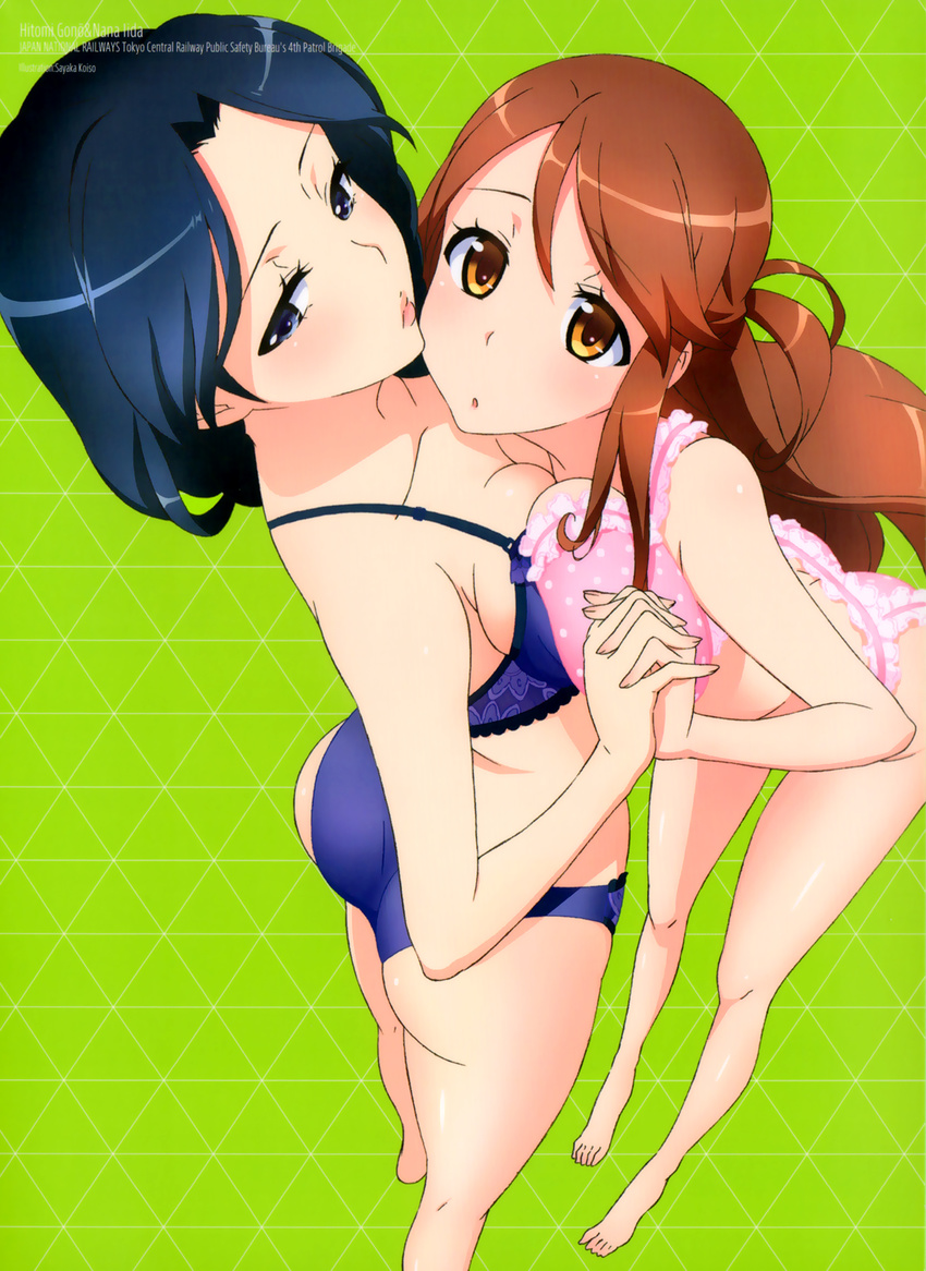 :o ass barefoot black_hair blue_eyes blush bra breast_press breasts brown_eyes brown_hair butt_crack character_name collarbone frilled_bra frilled_panties frills from_above gonou_hitomi green_background highres holding_hands iida_nana koiso_sayaka lace lace-trimmed_bra large_breasts lips long_hair looking_at_viewer multiple_girls official_art panties pink_bra pink_panties polka_dot polka_dot_bra polka_dot_panties purple_bra purple_panties rail_wars! scan shiny shiny_hair shiny_skin symmetrical_docking underwear underwear_only