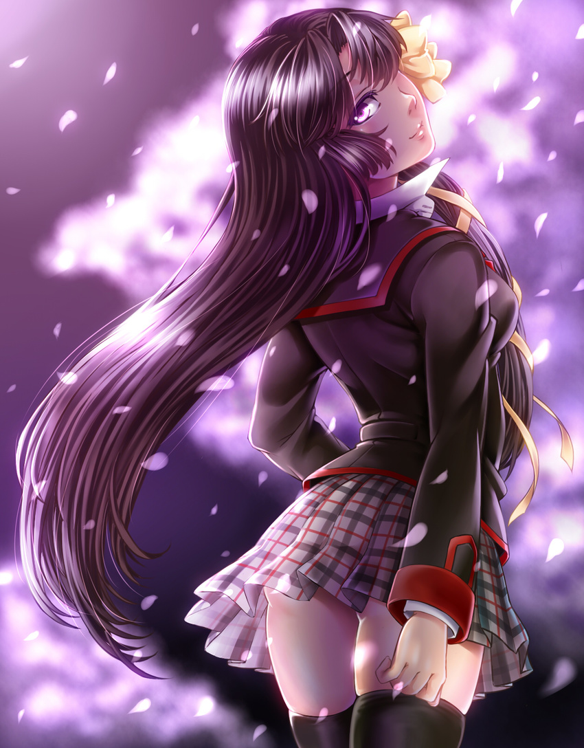 black_hair hair_ribbon highres kurugaya_yuiko little_busters! long_hair misumi_kouji purple_eyes ribbon school_uniform thighhighs