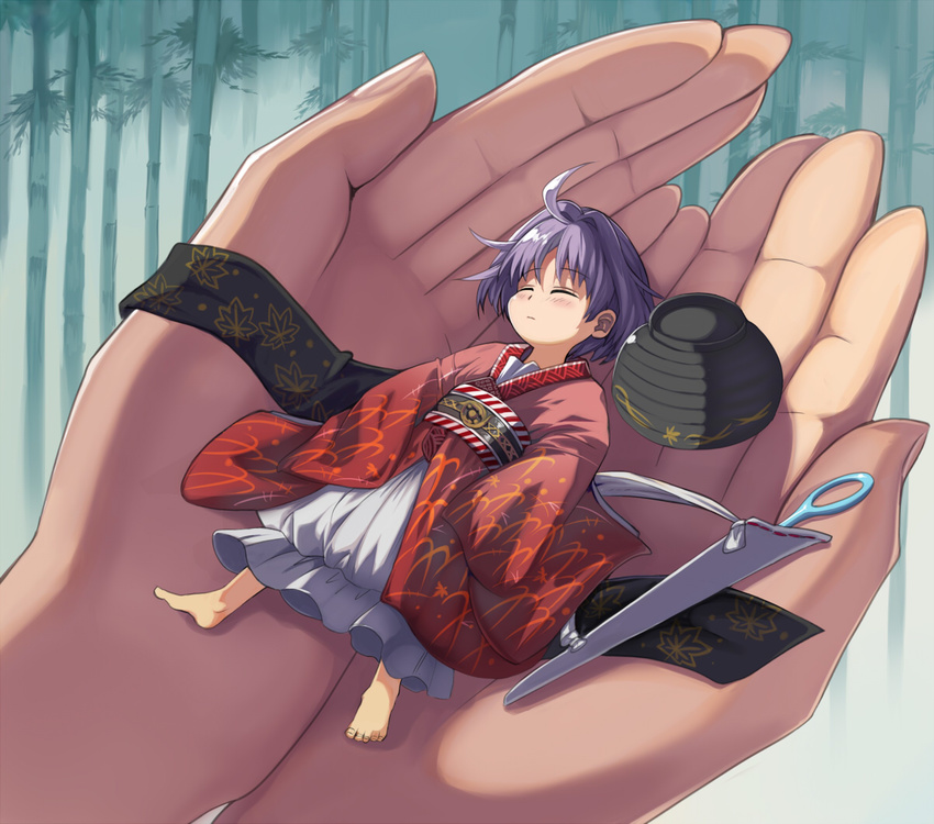 ahoge bamboo bamboo_forest barefoot bowl closed_eyes commentary floral_print forest hair_intakes hat hat_removed headwear_removed in_palm japanese_clothes kaguya-hime_no_monogatari kimono long_sleeves lying minigirl nature needle obi on_back out_of_frame pov pov_hands purple_hair sash shope sleeping sukuna_shinmyoumaru touhou wide_sleeves