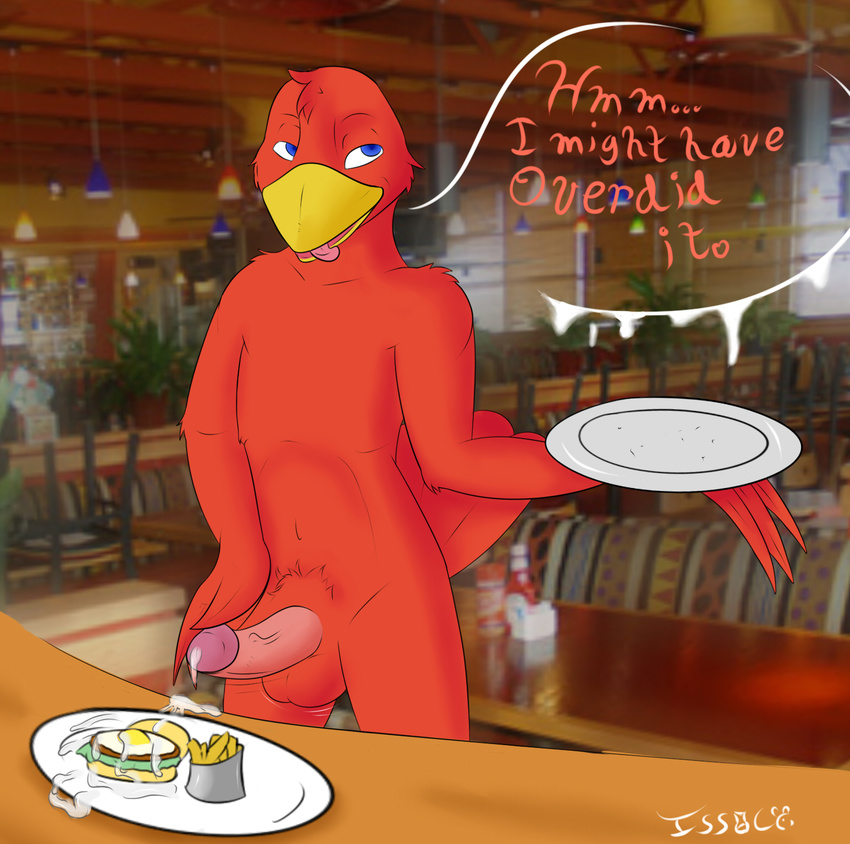 avian bird circumcised cum cum_everywhere cum_on_food cumshot issac_lazarus male messy orgasm penis pubes red_robin restaurant solo