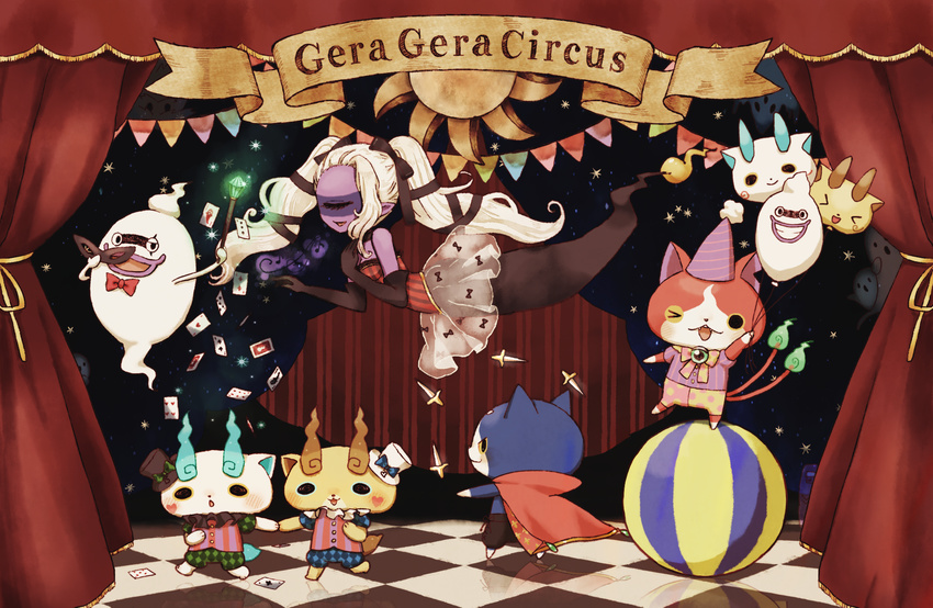 bad_id bad_pixiv_id balloon black_eyes black_gloves blush boobou brothers cameo cane cape card cat character_balloon checkered checkered_floor chestnut_mouth closed_eyes curtains cyclops elbow_gloves fangs fuumin_(youkai_watch) fuyunyan ghost gloves grin hat heart highres jibanyan jimii juggling kanacho knife komajirou komasan long_hair looking_at_viewer multiple_tails no_humans notched_ear one-eyed one_eye_closed open_mouth playing_card pointy_ears purple_lips purple_skin red_cape reflection siblings smile tail top_hat twintails two_tails whispering youkai youkai_watch youkai_watch_2