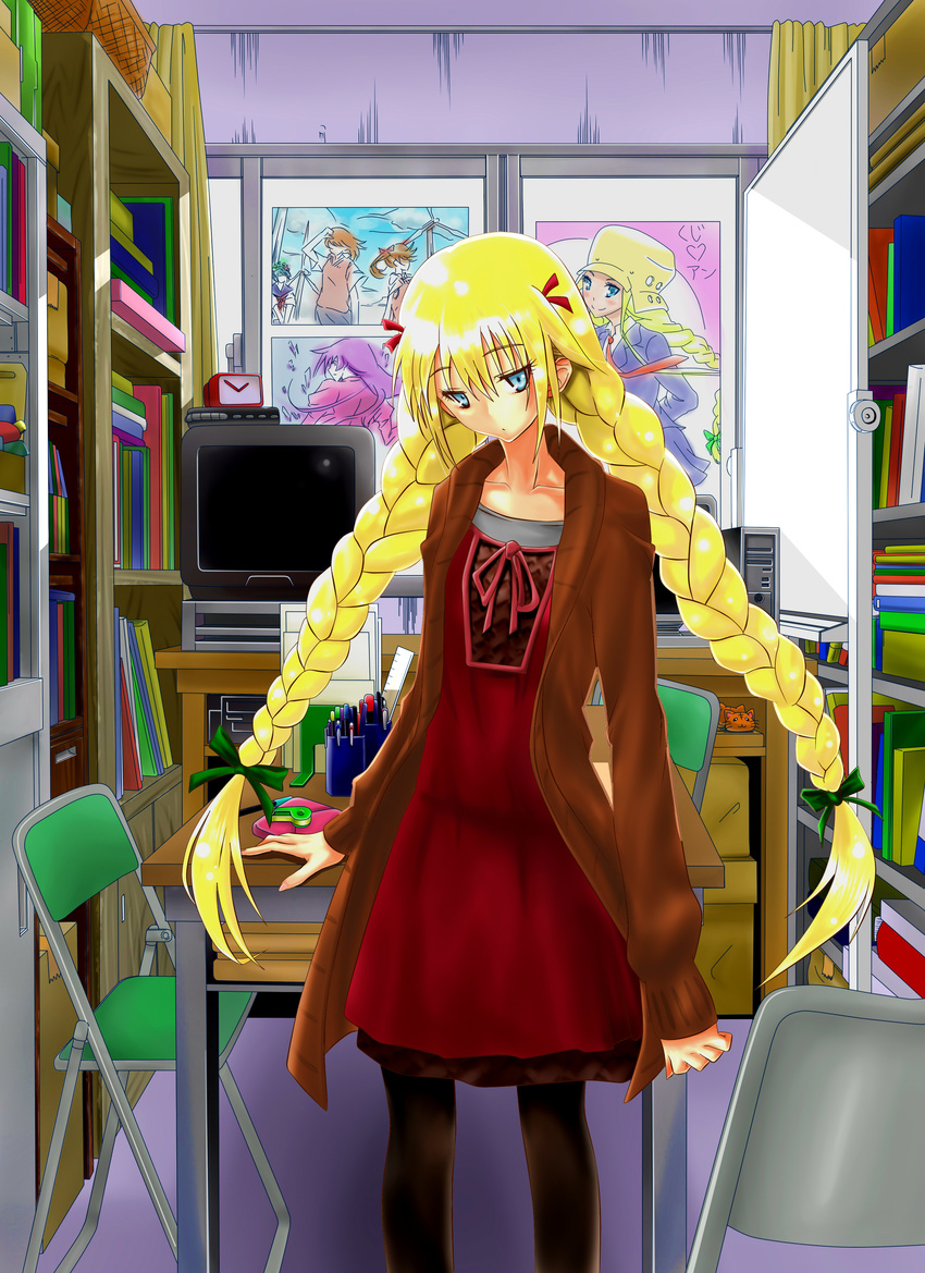 absurdres bakemonogatari black_legwear blonde_hair blue_eyes bookshelf bow braid cameo chair clubroom computer flat_chest genshiken hair_bow head_tilt highres kujibiki_unbalance long_hair megaton_(msaskamiosi) misaka_mikoto monogatari_(series) otaku otaku_room pantyhose poster poster_(object) ritsuko_kubel_kettenkrad room school senjougahara_hitagi shirai_kuroko solo susanna_hopkins table television to_aru_majutsu_no_index twin_braids very_long_hair window