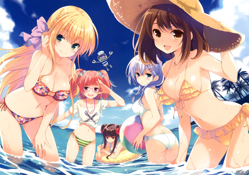 &gt;_&lt; :d absurdres arm_up ass ball bandeau beachball bikini black_hair blonde_hair blue_eyes blue_sky bow braid breasts brown_eyes brown_hair cleavage closed_eyes cloud day double_bun fisheye frilled_bikini frills from_behind front-tie_top girlfriend_(kari) glasses green_eyes hair_bow hair_ornament hair_tucking hairclip hat highres innertube jewelry large_breasts leaning_forward looking_at_viewer looking_back mochizuki_erena multiple_girls murakami_fumio navel necklace nejikawa_raimu official_art one-piece_swimsuit open_mouth partially_submerged pink_hair purple_eyes purple_hair qp:flapper school_swimsuit shiina_kokomi shiranui_isuzu shirt side-tie_bikini side_braid sidelocks single_braid sky smile straw_hat string_bikini striped striped_bikini sun_hat swimsuit tied_shirt twin_braids twintails wading white_school_swimsuit white_swimsuit yellow_bikini