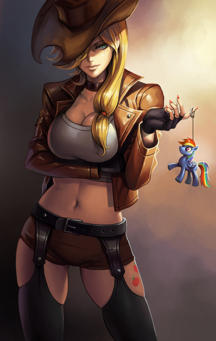 applejack banned_artist belt blonde_hair blue_eyes breasts choker cleavage commentary_request cowboy_hat fingerless_gloves fingernails gloves hair_over_one_eye hair_over_shoulder hat highres large_breasts long_fingernails long_hair low-tied_long_hair midriff my_little_pony my_little_pony_friendship_is_magic nail_polish navel personification rainbow_dash shirt short_shorts shorts skindentation solo taut_clothes taut_shirt thighhighs yinan_cui