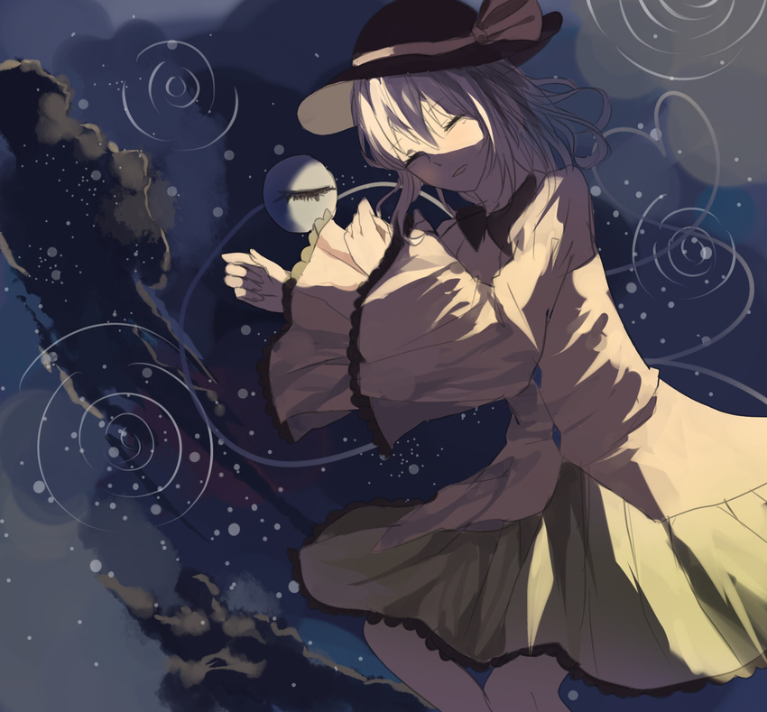 bad_id bad_pixiv_id blouse bow chocolate_(jitong) closed_eyes cloud frilled_skirt frilled_sleeves frills from_above green_skirt hat hat_bow highres komeiji_koishi light long_hair long_sleeves lying morning night night_sky on_side parted_lips reflection skirt sky sleeping solo star_(sky) starry_sky sunrise third_eye touhou wide_sleeves
