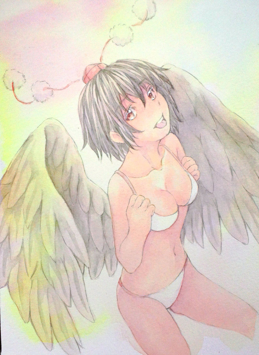 bikini bird_wings black_hair breasts cleavage collarbone cowboy_shot feathered_wings grey_wings hat highres looking_at_viewer medium_breasts navel open_mouth pom_pom_(clothes) red_eyes shameimaru_aya short_hair solo swimsuit tokin_hat tongue touhou traditional_media watercolor_(medium) white_bikini wings yuyu_(00365676)