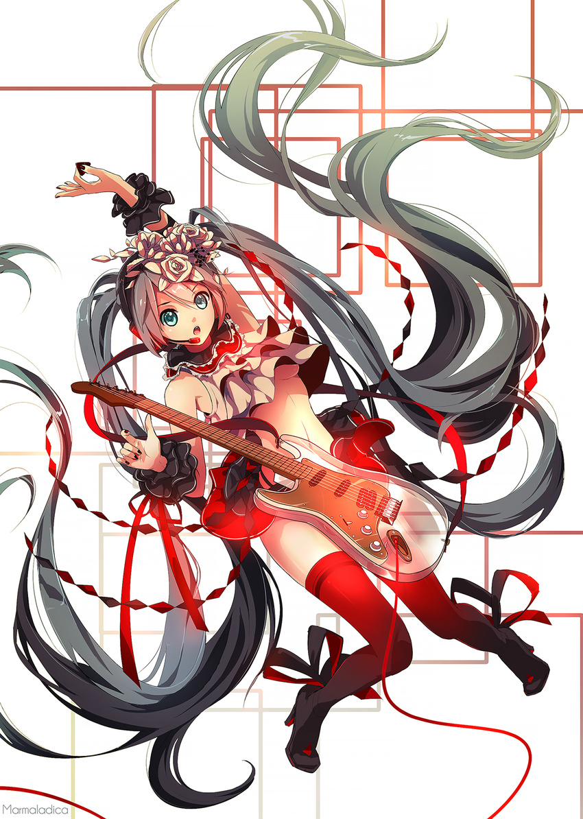 absurdly_long_hair arm_up bad_id bad_pixiv_id bless_you_(module) breasts electric_guitar flower guitar hair_flower hair_ornament hatsune_miku headset high_heels highres instrument long_hair marmalade_(elfless_vanilla) medium_breasts midriff nisoku_hokou_(vocaloid) open_mouth plectrum project_diva_(series) project_diva_f_2nd red_legwear skirt solo thighhighs twintails underboob very_long_hair vocaloid