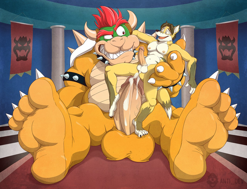 anthro anti_dev balls biceps big_balls big_feet big_penis bowser canine chubby claws cum cum_on_penis dragon erection fox fur gums hair horn hybrid inside king koopa male male/male mammal manly mario_bros muscles navel nintendo nipples open_mouth orgasm pecs penis reptile royalty scalie sharp_claws sharp_teeth shell sitting size_difference smile spikes spread_legs spreading teeth thick_penis toe_claws turtle vein veiny_penis video_games