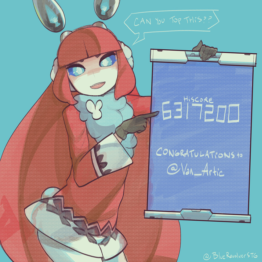 animal_ears bangs black_gloves blue_eyes blue_revolver blunt_bangs bunny_ears commentary eric_muentes fake_animal_ears gloves highres holding holding_sign long_hair mae_(blue_revolver) md5_mismatch red_hair sign solo very_long_hair