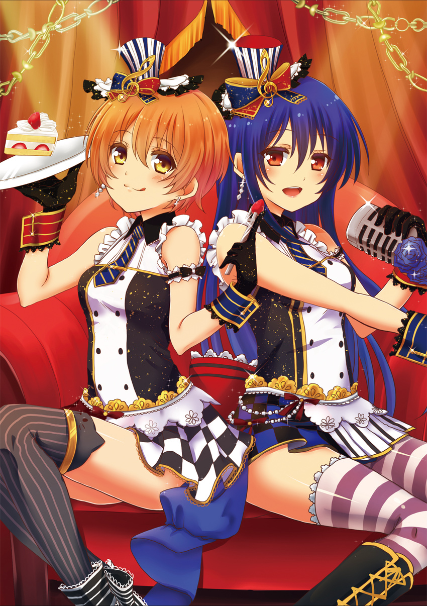 :3 :d alternate_eye_color blue_flower blue_hair blue_rose cafe_maid cake chain cross-laced_footwear earrings flower food fruit gloves hat highres hoshizora_rin jewelry licking_lips long_hair looking_at_viewer love_live! love_live!_school_idol_festival love_live!_school_idol_project microphone mini_hat mini_top_hat miniskirt multiple_girls nachiku necktie open_mouth orange_hair red_eyes rose shirt short_hair sitting skirt sleeveless sleeveless_shirt slice_of_cake smile sonoda_umi strawberry strawberry_shortcake striped striped_legwear striped_swimsuit swimsuit thighhighs tongue tongue_out top_hat treble_clef vertical-striped_legwear vertical_stripes very_long_hair very_short_hair wrist_cuffs yellow_eyes