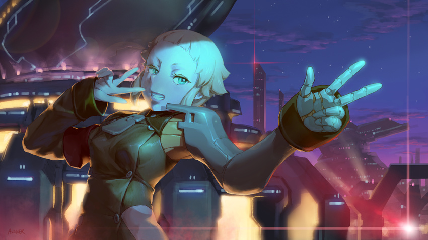 aloner blonde_hair chaos_code city double_w green_eyes grin lupinus_(chaos_code) mechanical_arm night pose science_fiction short_hair smile w