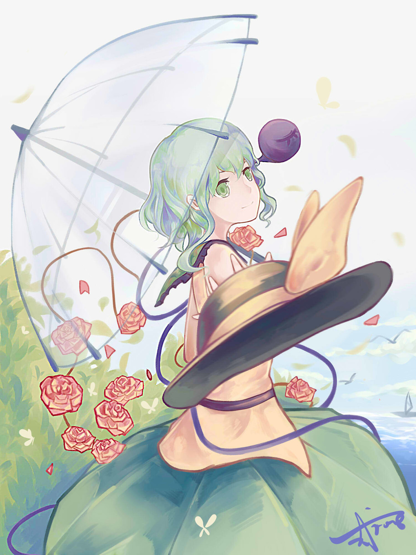 adapted_costume artist_name bangs bird boat bow bug bush butterfly cloud collar flower foreshortening green_eyes green_hair green_skirt hat hat_bow hat_removed headwear_removed highres huangshiyu05 insect komeiji_koishi looking_to_the_side looking_up ocean petals rose rose_bush sailboat skirt sky sleeveless smile solo third_eye touhou transparent transparent_umbrella umbrella watercraft wavy_hair