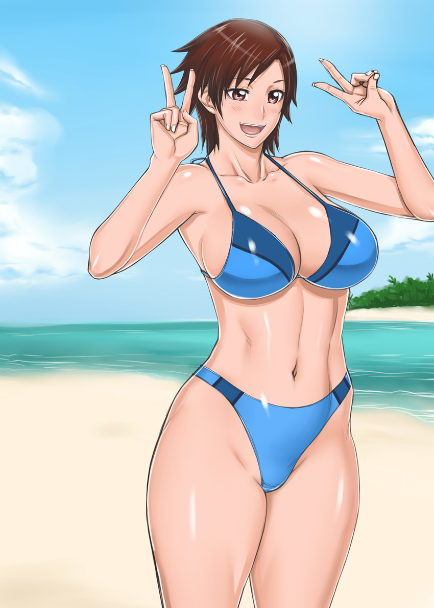 beach bikini breasts brown_eyes brown_hair cleavage cloud day double_v highres kazama_asuka large_breasts midou_tsukasa navel ocean outdoors short_hair sky solo standing swimsuit tekken v water