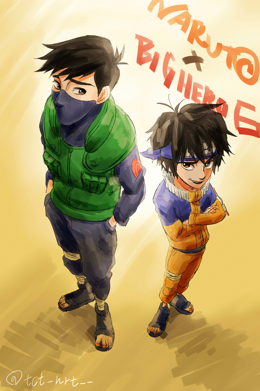 2boys big_hero_6 brothers cosplay crossover disney hatake_kakashi_(cosplay) highres hiro_hamada marvel multiple_boys naruto siblings tadashi_hamada uzumaki_naruto_(cosplay)