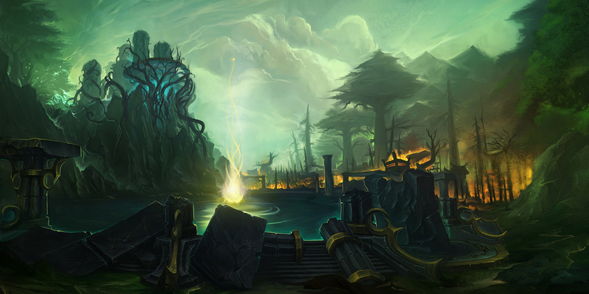 cloud cloudy_sky fire forest highres landscape magic nature no_humans pedestal pillar pond ruins scenery sky tree warcraft water world_of_warcraft
