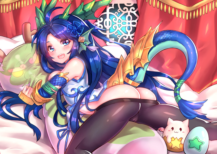 ass black_legwear blue_eyes blush cameltoe china_dress chinese_clothes dragon_girl dragon_horns dragon_tail dress head_fins highres horns karin_(p&amp;d) long_hair looking_at_viewer open_mouth pantyhose pantyhose_pull puzzle_&amp;_dragons shennai_misha smile solo tail tamadra