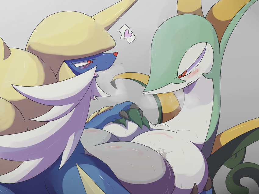 big_breasts blush breast_squish breasts claws duo female female/female feral hand_on_breast horn mammal ms mustelid nintendo nude open_mouth plain_background pok&eacute;mon reptile samurott scalie serperior snake squish sweat unknown_artist video_games