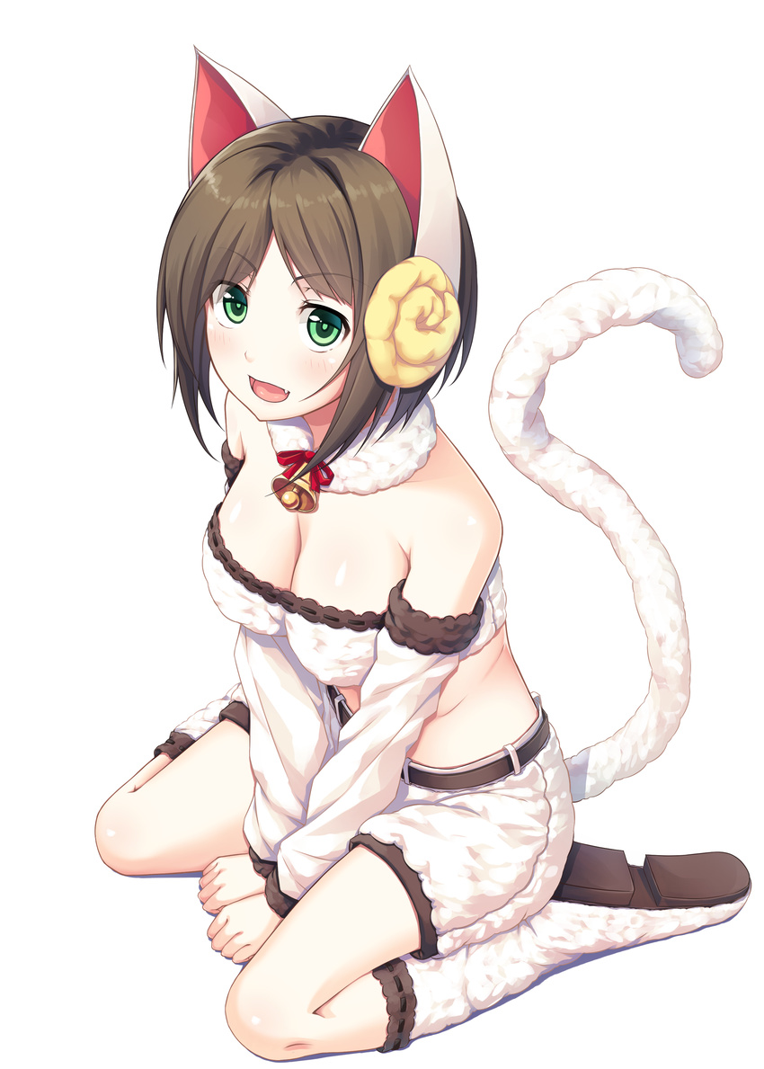 :d absurdres animal_costume animal_ears bad_id bad_pixiv_id bare_shoulders bell bell_collar belt blush boots breasts brown_hair cat_ears cat_tail cleavage collar commentary_request detached_sleeves fake_animal_ears fangs green_eyes highres horns idolmaster idolmaster_cinderella_girls large_breasts maekawa_miku midriff new_year open_mouth re:n_ne ribbon sheep_costume sheep_horns shiny shiny_hair short_hair shorts sitting smile solo tail translucent_hair wariza