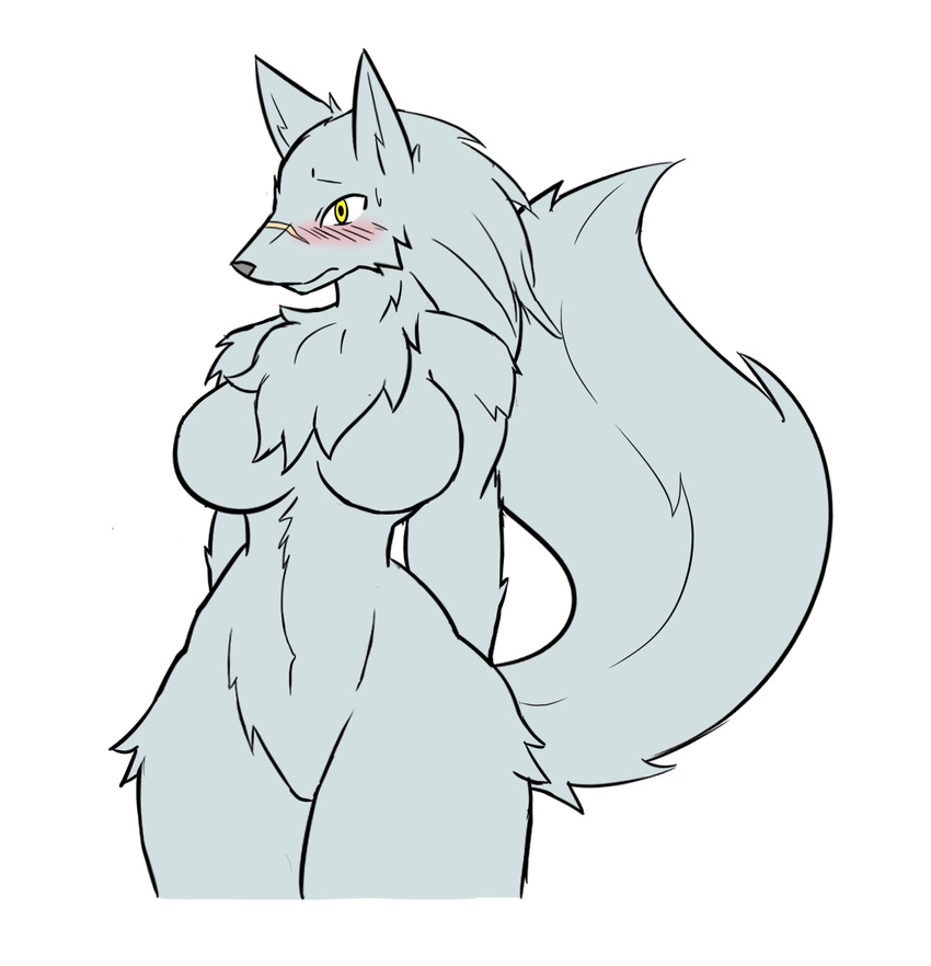 blush canine chest_tuft collar female fur grey_fur half-closed_eyes looking_at_viewer mammal nude plain_background rakkuguy scar solo sweat tuft white_background wide_hips wolf
