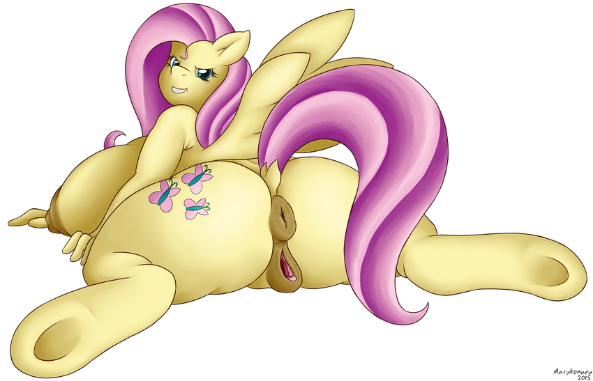 2015 alpha_channel anatomically_correct anthro anus areola big_breasts breasts butt cutie_mark equine female fluttershy_(mlp) friendship_is_magic glare grin horse huge_breasts looking_back mammal marukomuru my_little_pony nipples pegasus plain_background pony pussy raised_tail rear_view side_boob solo spread_legs spreading thick_thighs transparent_background voluptuous wide_hips wings