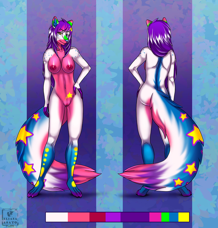 2015 back breasts canine colorful eliana-asato female front fur hair lilac long_hair mammal model_sheet multicolored_eyes nipples nude purple_hair solo standing star white_fur wolf