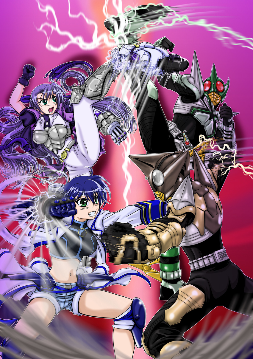 2girls armor bandana battle blitz_caliber blue_hair clash cropped_jacket crossover epic fighting gauntlets ginga_nakajima gloves green_eyes highres jacket kamen_rider kamen_rider_kick_hopper kamen_rider_punch_hopper kicking knee_pads lyrical_nanoha mach_caliber magical_girl mahou_shoujo_lyrical_nanoha_strikers midriff multiple_boys multiple_girls open_clothes open_jacket punching purple_hair revolver_knuckle shorts single_gauntlet single_glove subaru_nakajima tarisa waist_cape